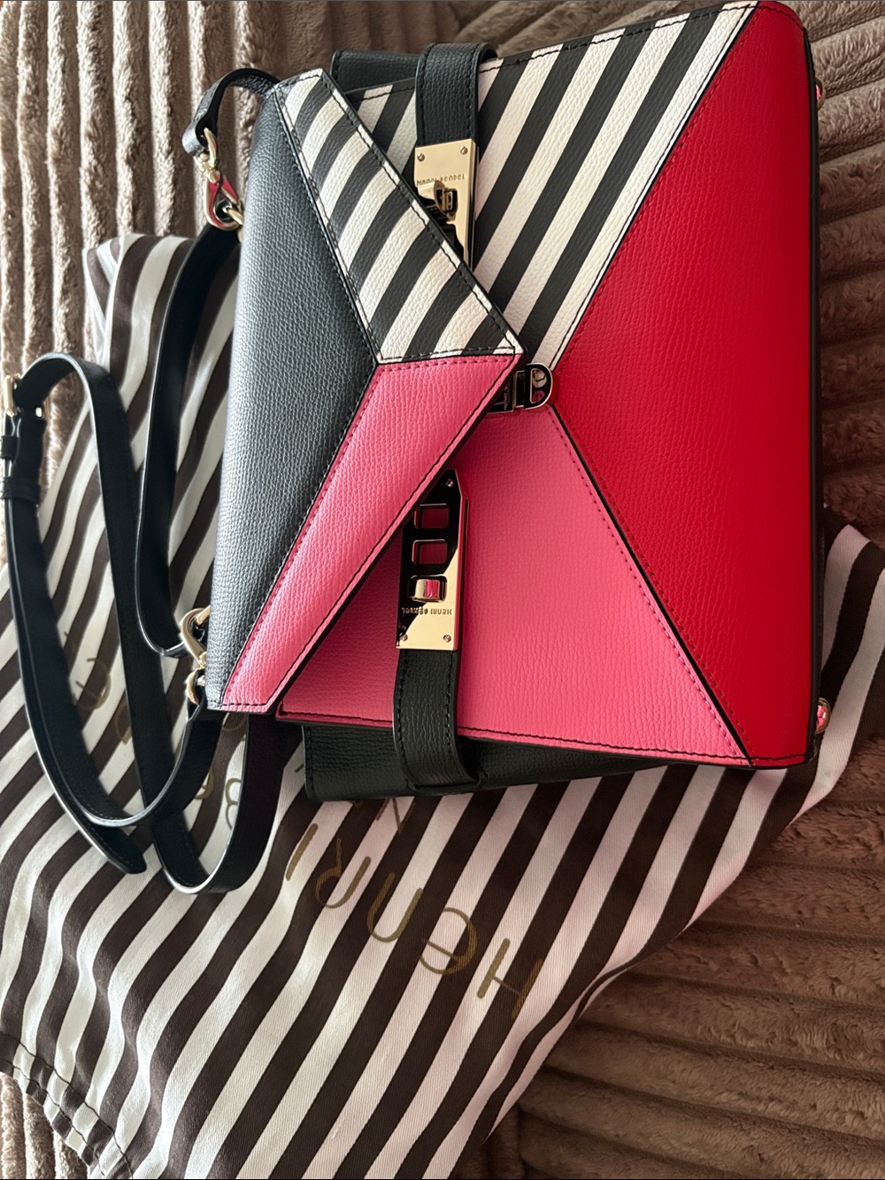 henri bendel Pink, Red & Black Geometric Leather Crossbody